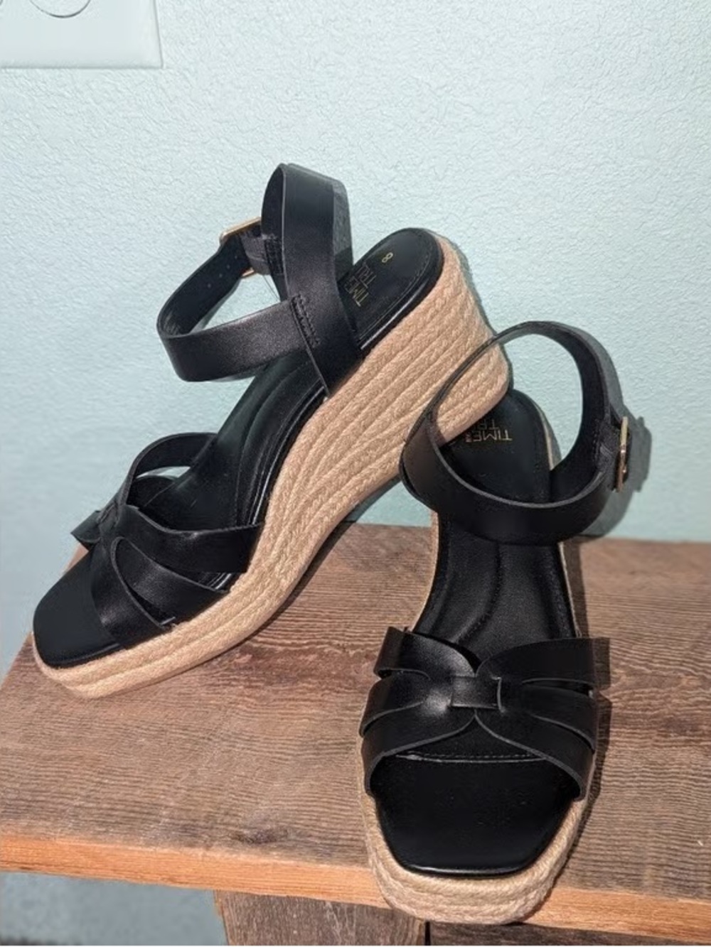 Time and Tru Black Leather Espadrille Wedge Sandals